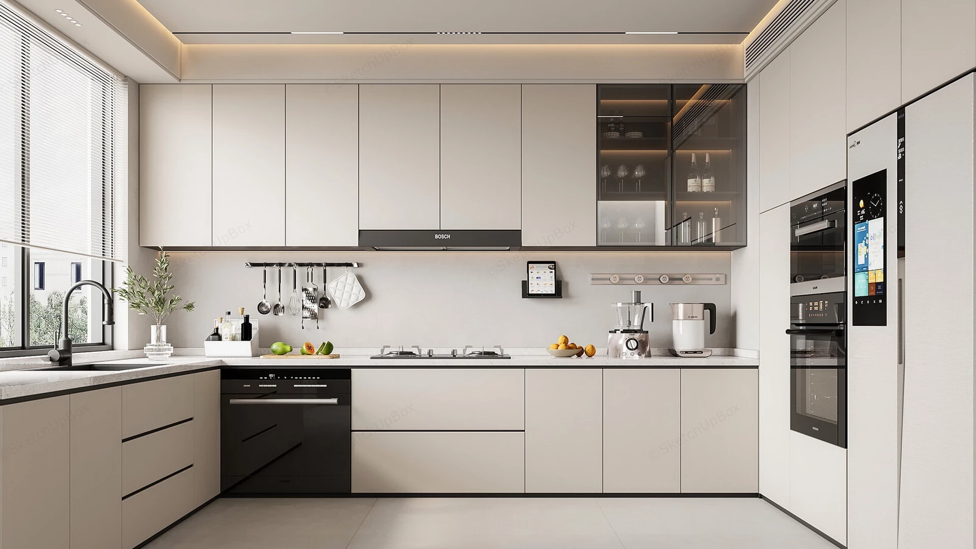Cream U Shaped Kitchen Design sketchup model preview - SketchupBox