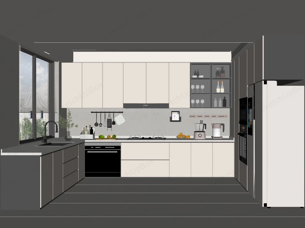 Cream U Shaped Kitchen Design sketchup model preview - SketchupBox