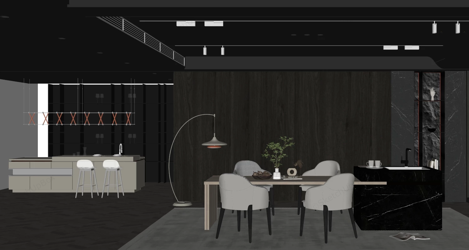 Dark Grey Dining Room & Home Bar sketchup model preview - SketchupBox