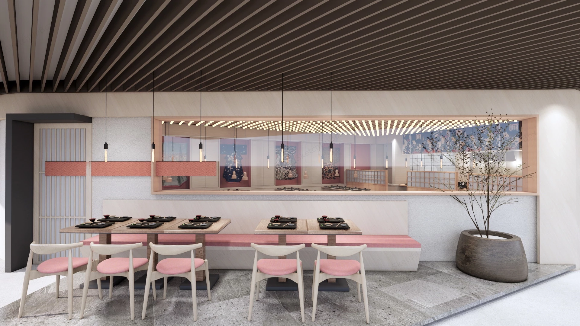 Japanese Restaurant Interior Design sketchup model preview - SketchupBox