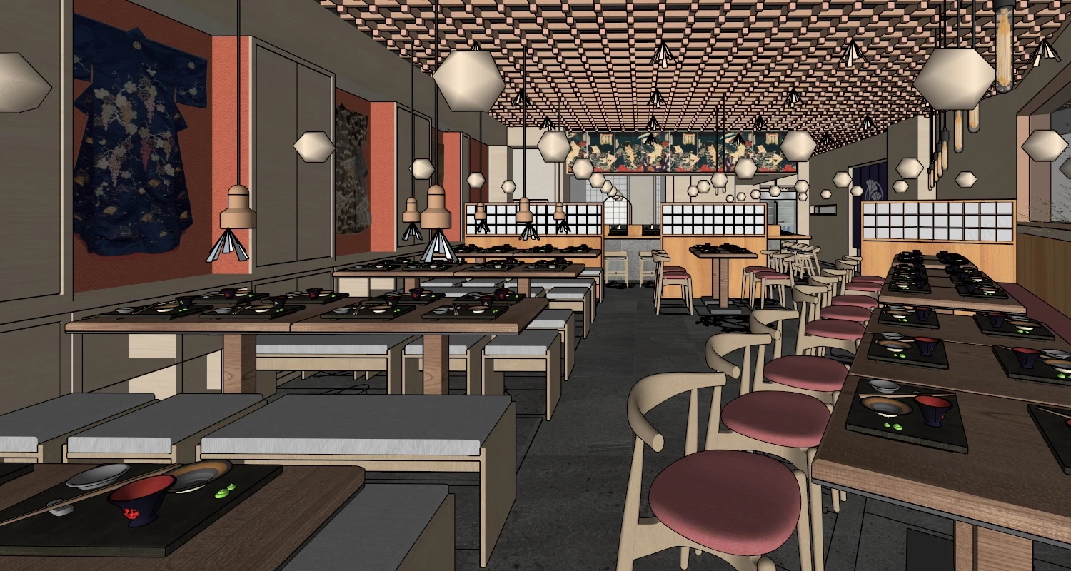 Japanese Restaurant Interior Design sketchup model preview - SketchupBox
