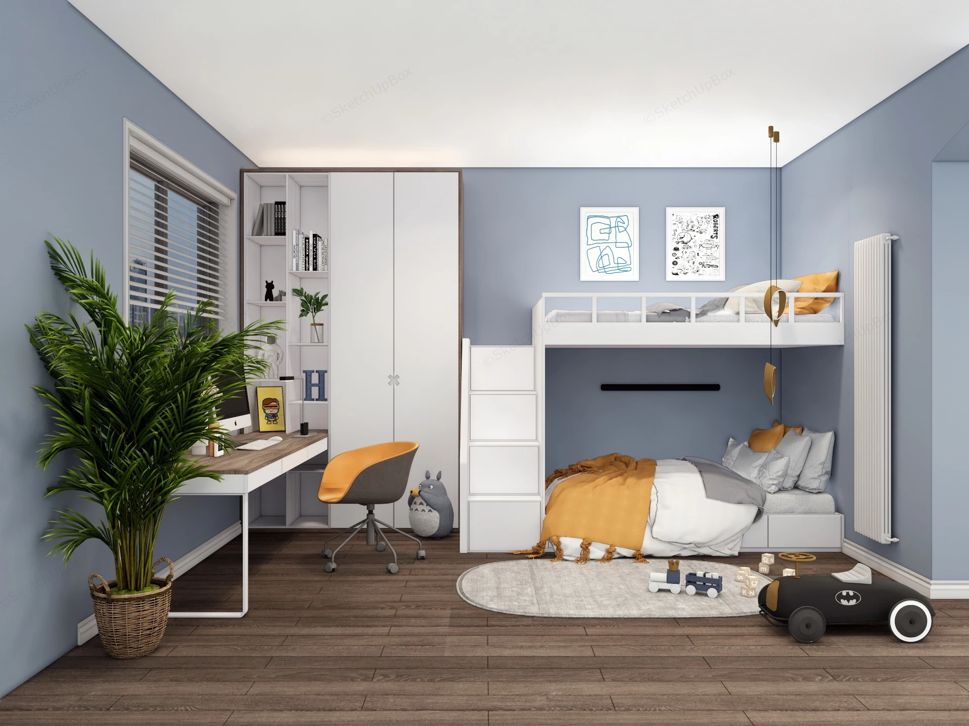 Light Blue And White Kids Bedroom sketchup model preview - SketchupBox
