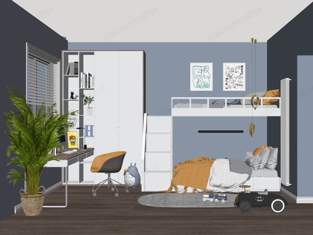 Light Blue And White Kids Bedroom sketchup model preview - SketchupBox