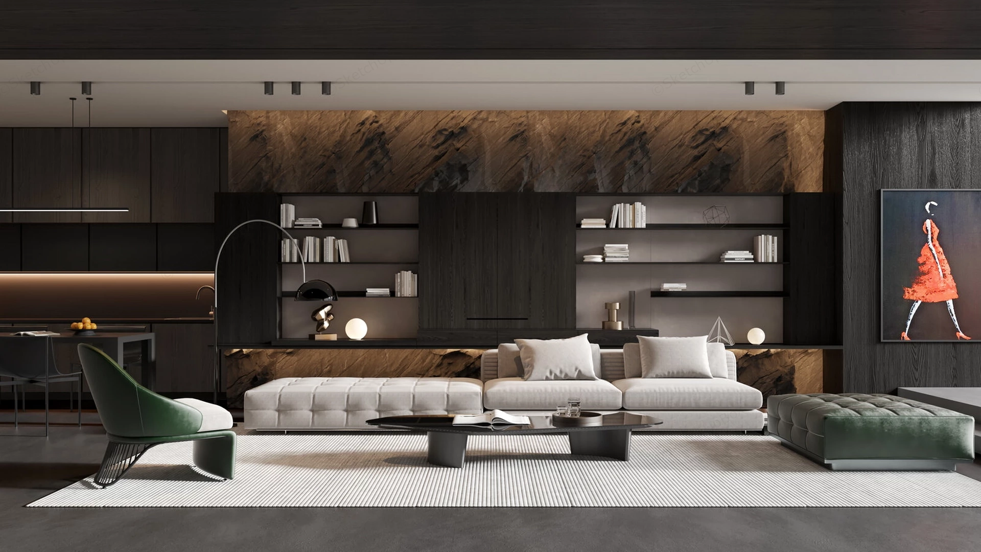 Dark Modern Living Room sketchup model preview - SketchupBox