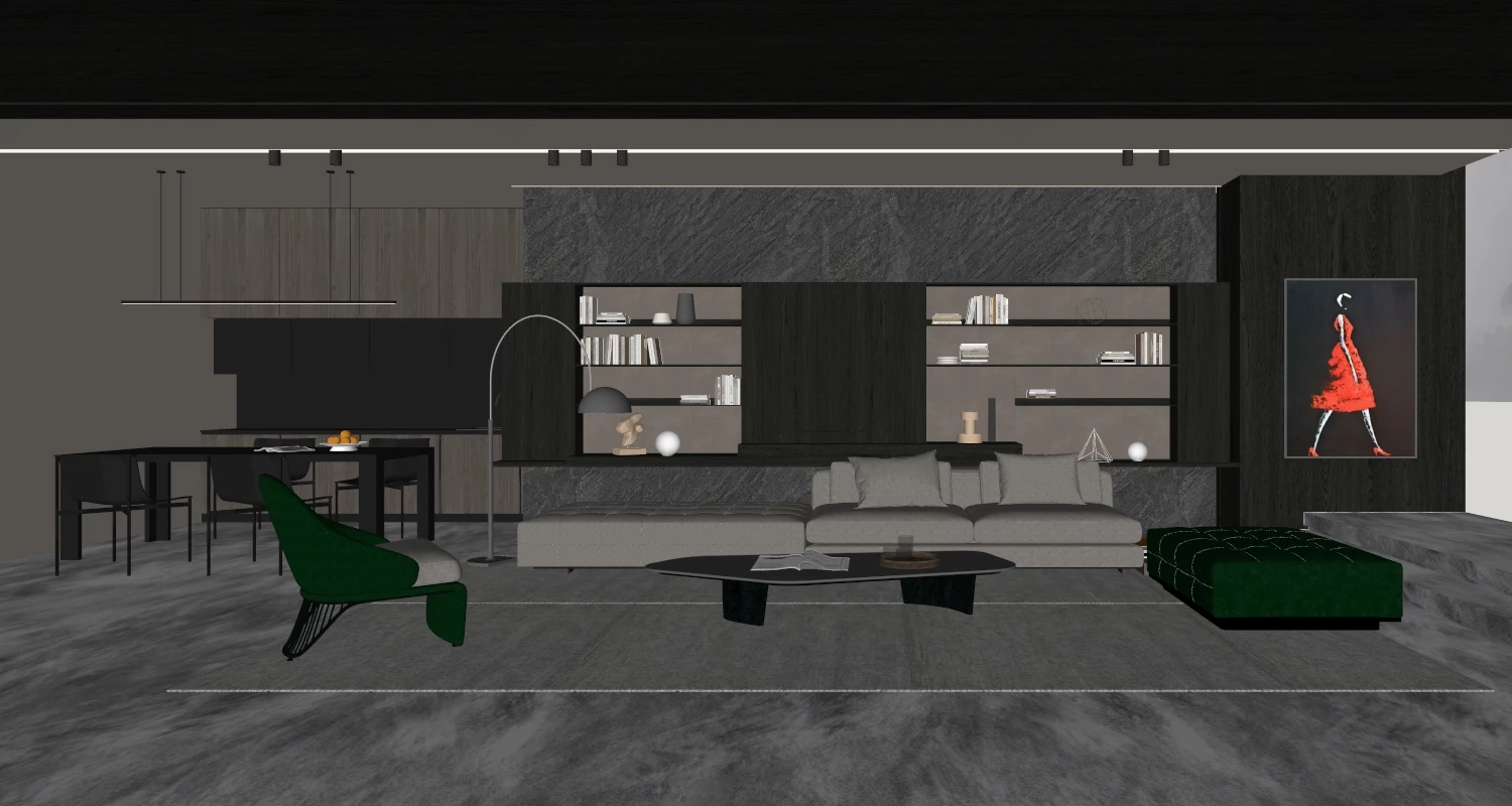 Dark Modern Living Room sketchup model preview - SketchupBox