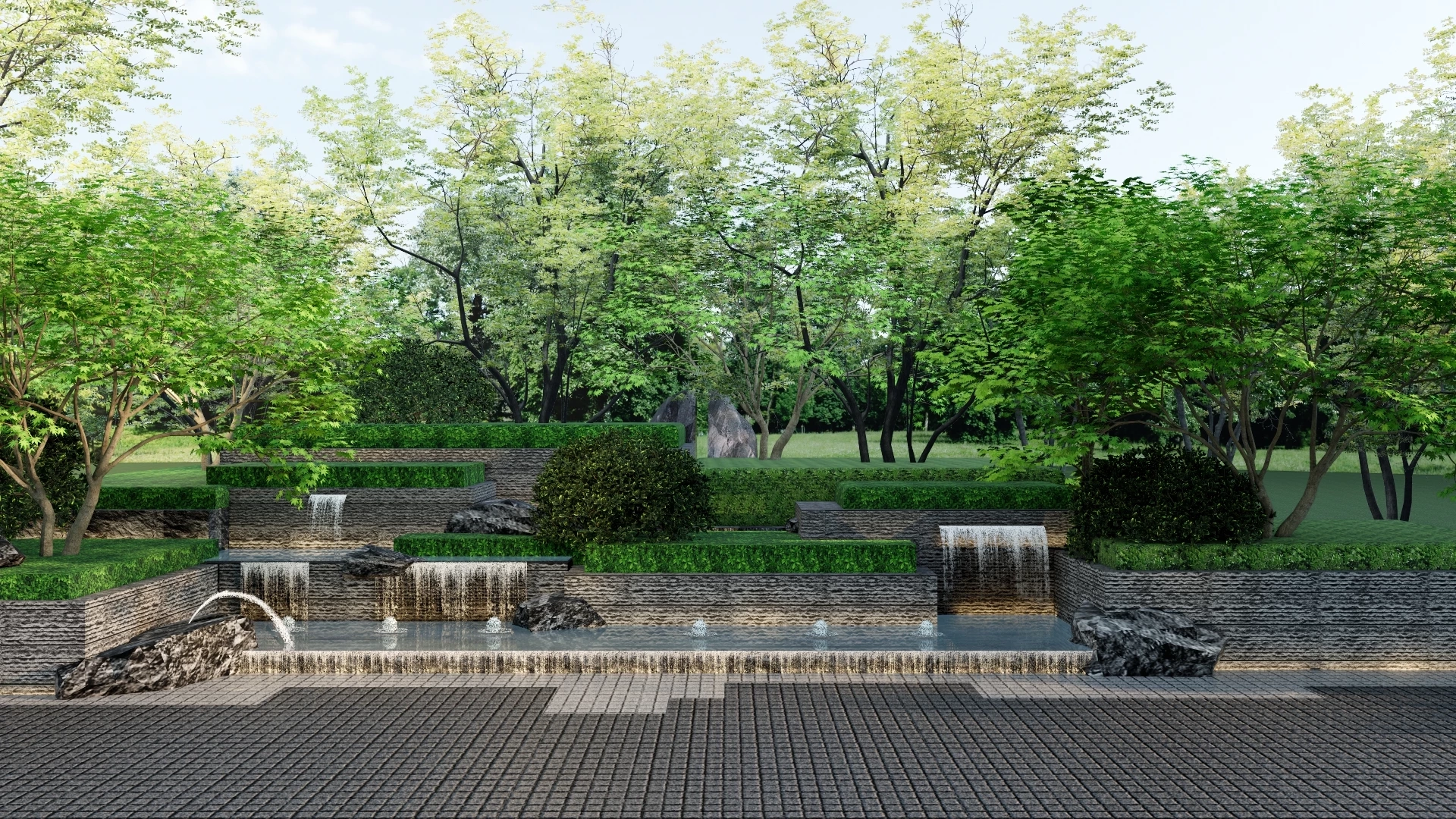 Large Outdoor Waterfall & Fountain sketchup model preview - SketchupBox