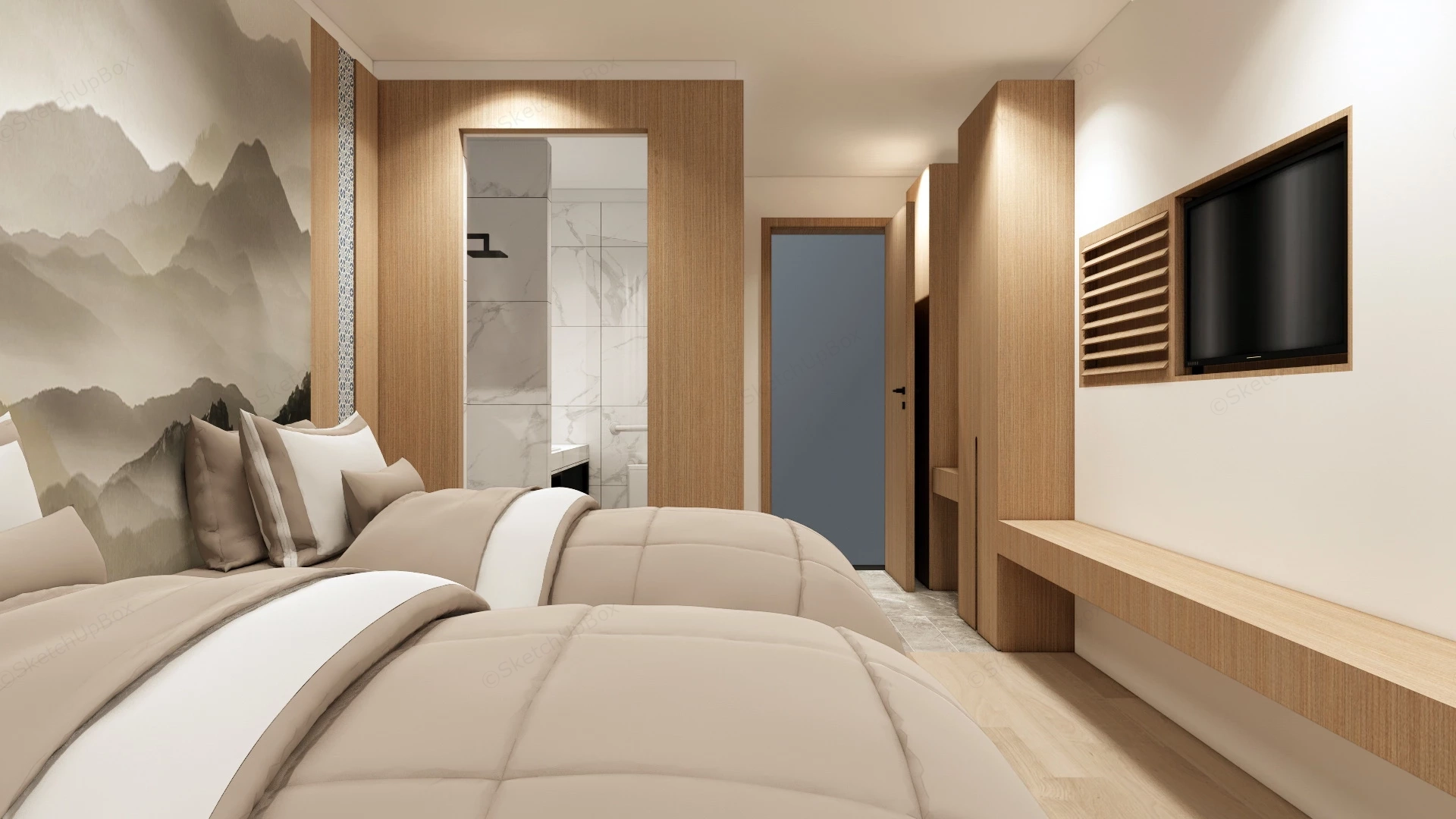 Twin Bed Hotel Room sketchup model preview - SketchupBox