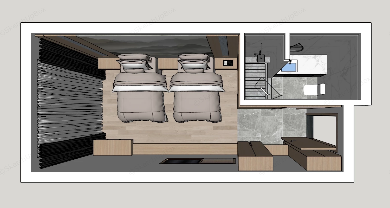 Twin Bed Hotel Room sketchup model preview - SketchupBox