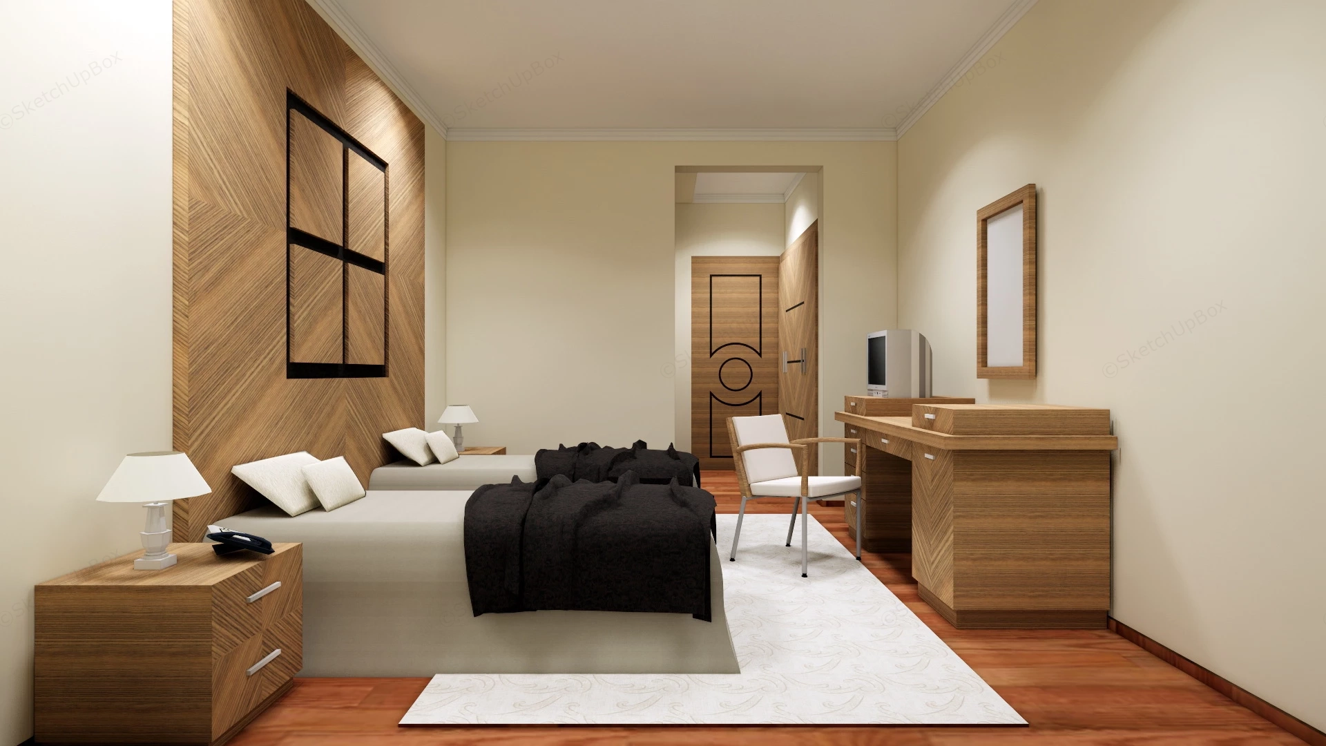 Double Bed Hotel Room sketchup model preview - SketchupBox