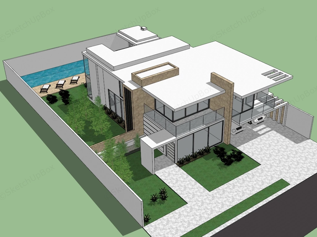 Modern House With Pool And Garage sketchup model preview - SketchupBox