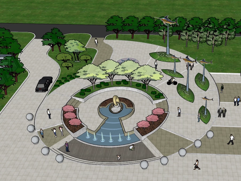 Urban Plaza Water Feature sketchup model preview - SketchupBox