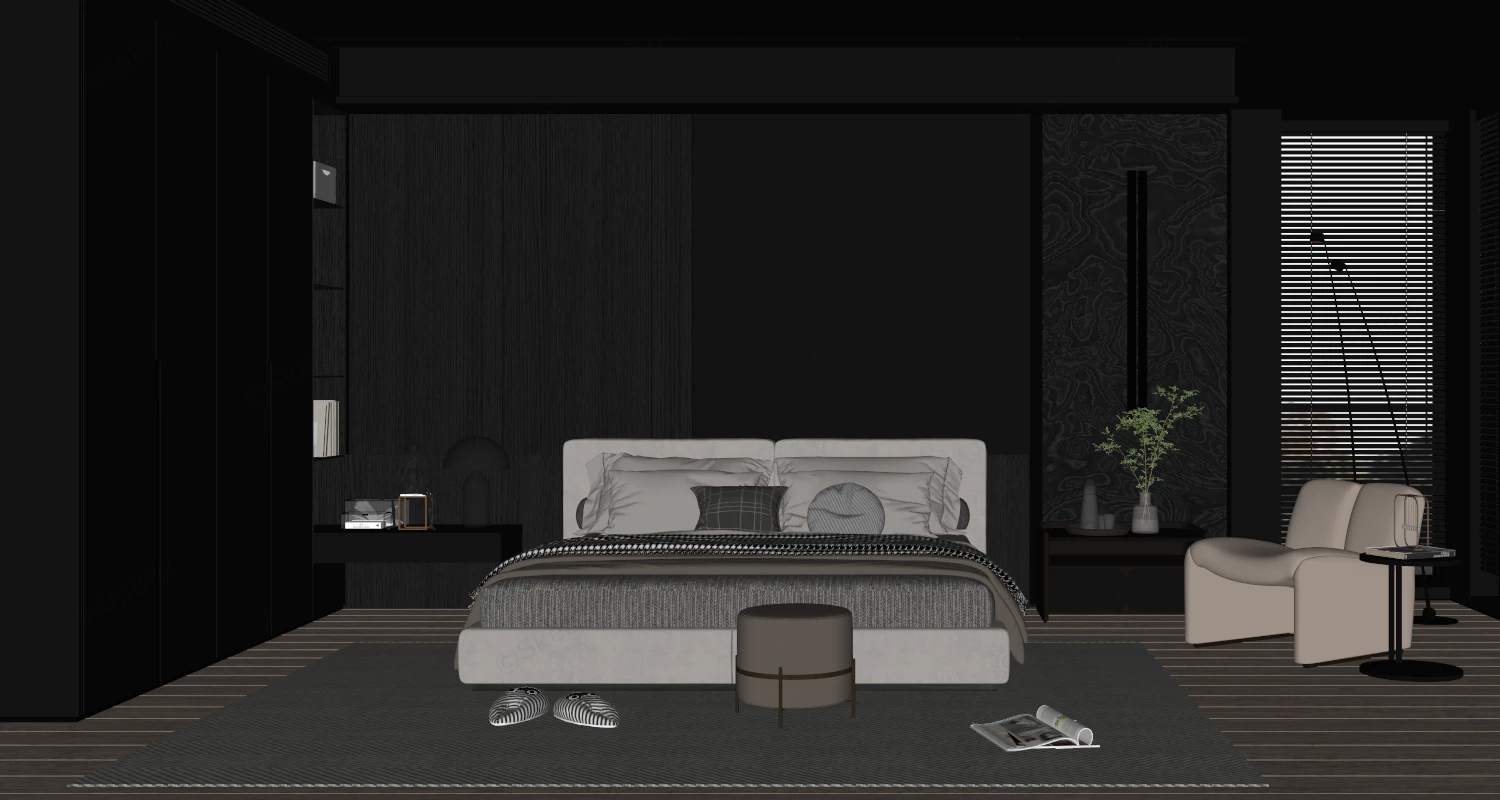 Masculine Black Bedroom sketchup model preview - SketchupBox