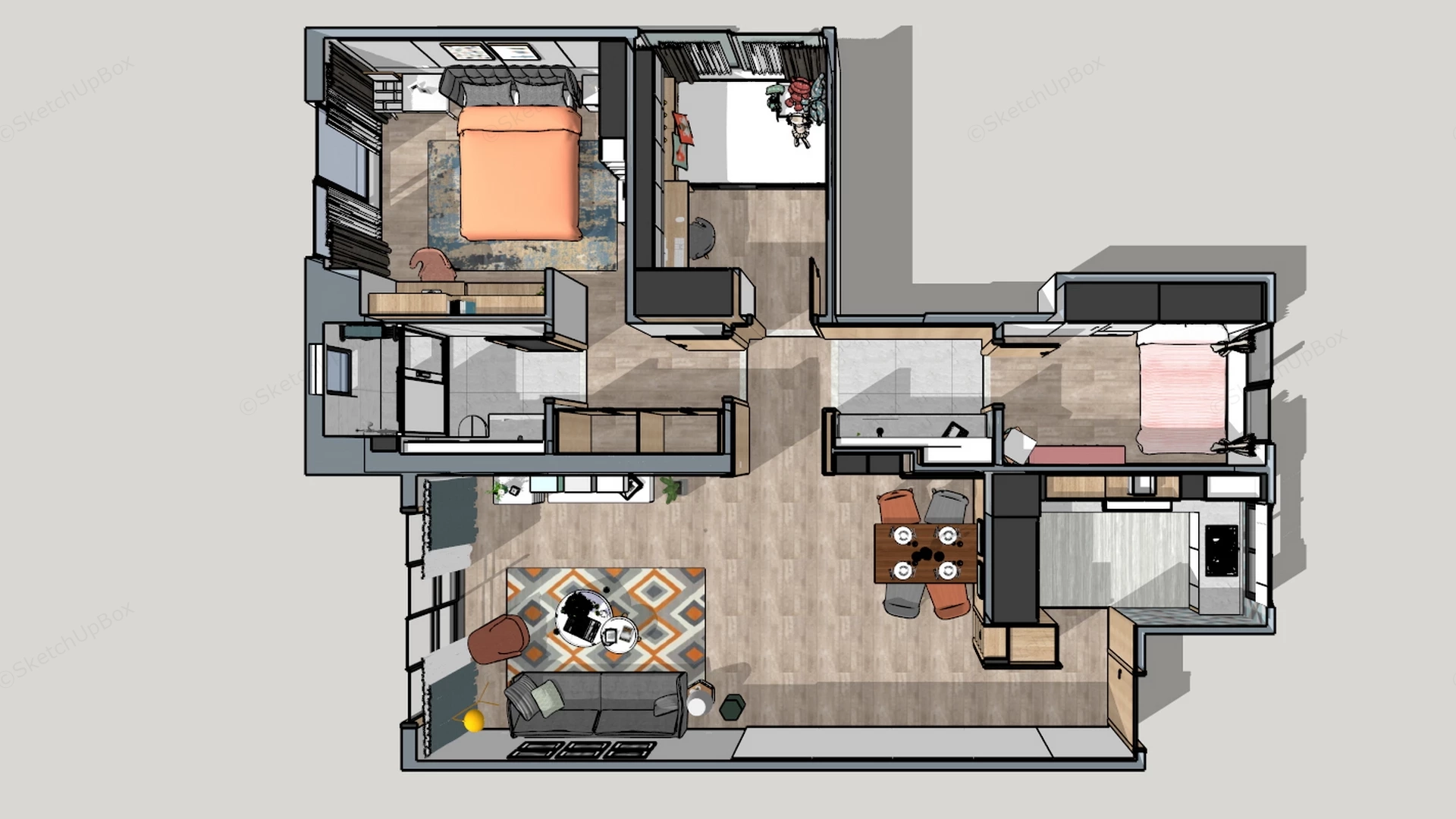 3 Bedroom Apartment Floor Plan sketchup model preview - SketchupBox