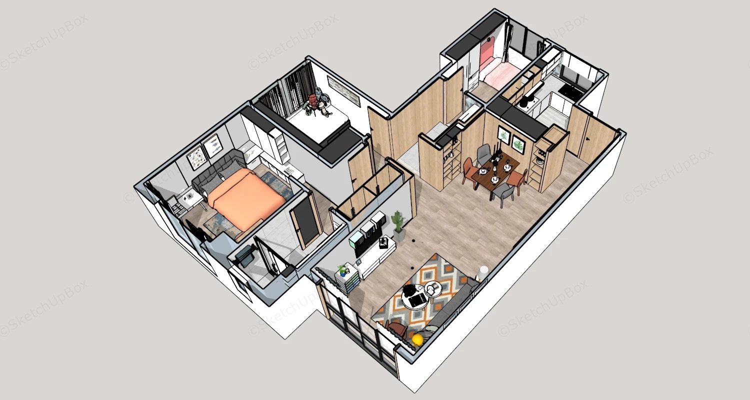 3 Bedroom Apartment Floor Plan sketchup model preview - SketchupBox