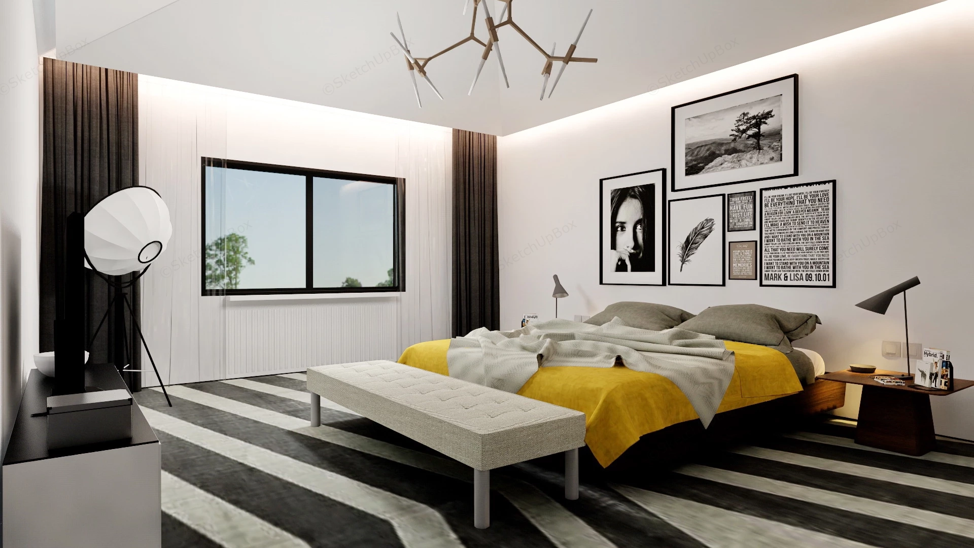 Minimalist White And Black Bedroom sketchup model preview - SketchupBox