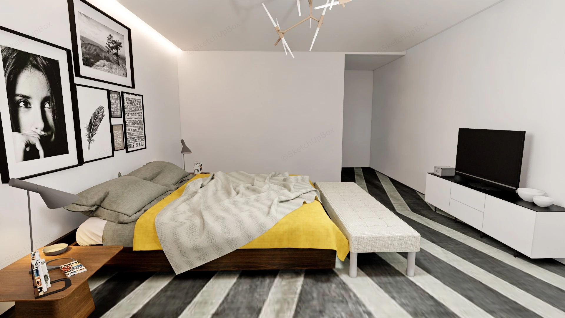 Minimalist White And Black Bedroom sketchup model preview - SketchupBox