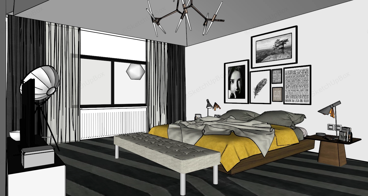Minimalist White And Black Bedroom sketchup model preview - SketchupBox