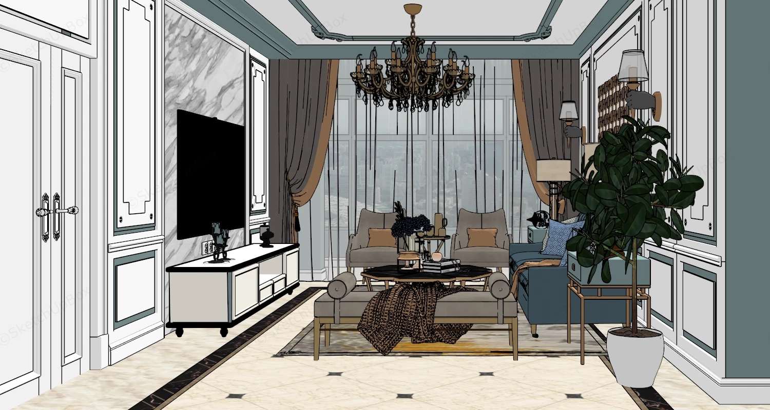 Mid Century Modern Small Living Room sketchup model preview - SketchupBox