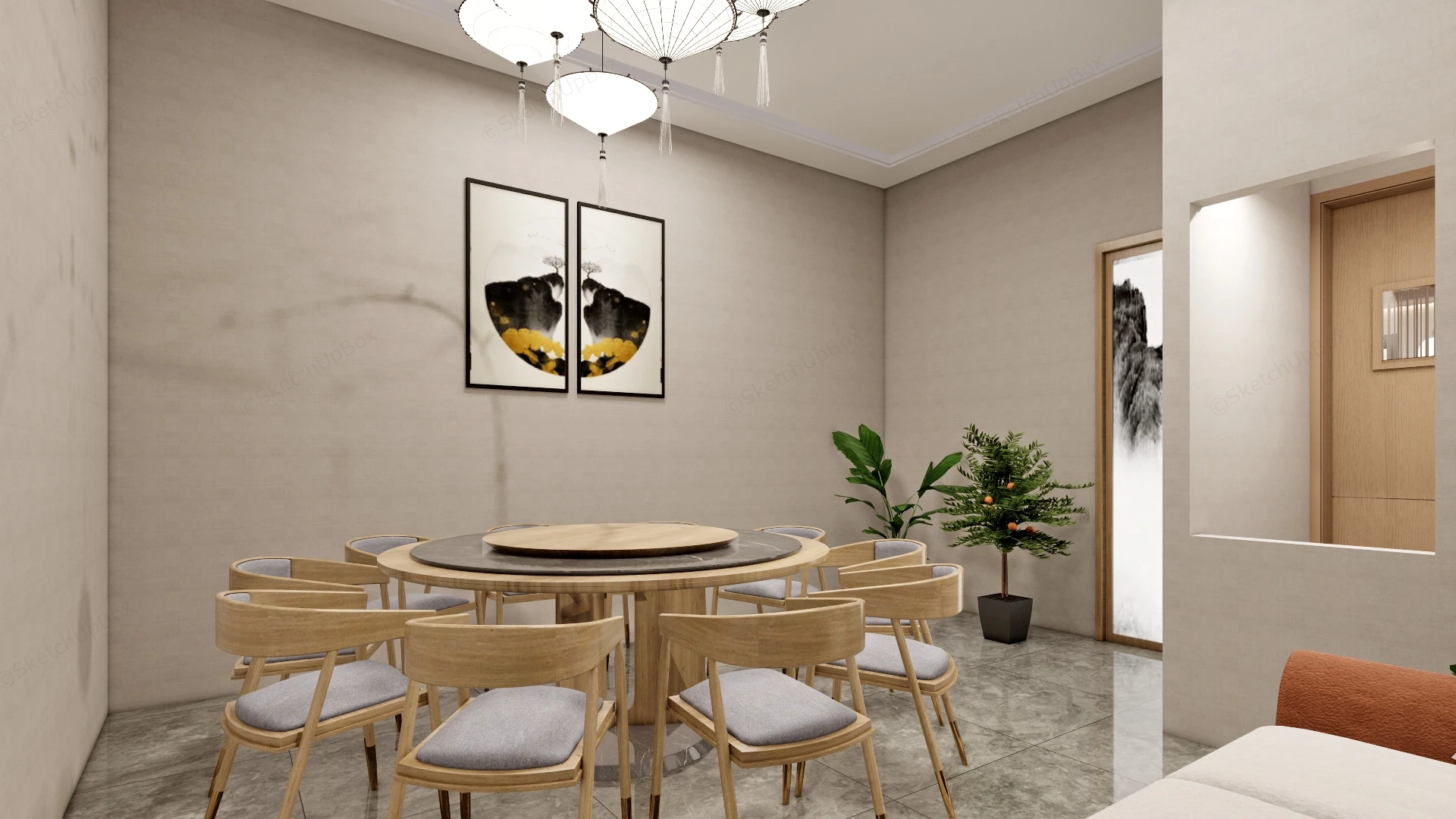 Modern Chinese Restaurant Interior Design sketchup model preview - SketchupBox