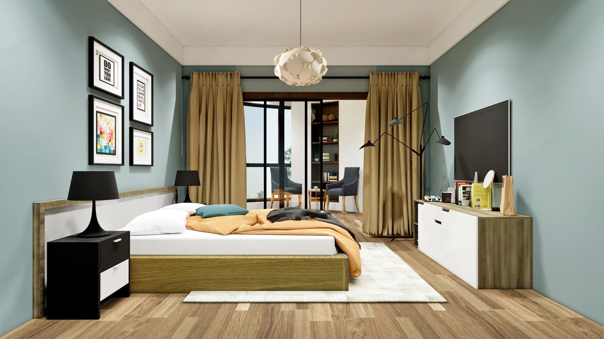 Contemporary Bedroom With Balcony Design sketchup model preview - SketchupBox