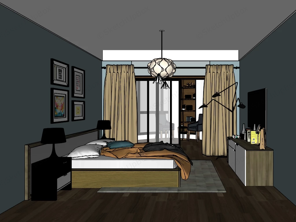 Contemporary Bedroom With Balcony Design sketchup model preview - SketchupBox