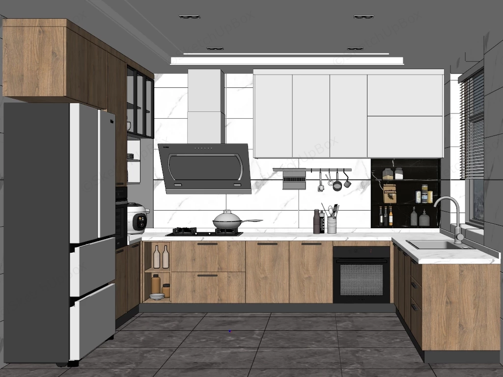 White And Wood Kitchen Design sketchup model preview - SketchupBox