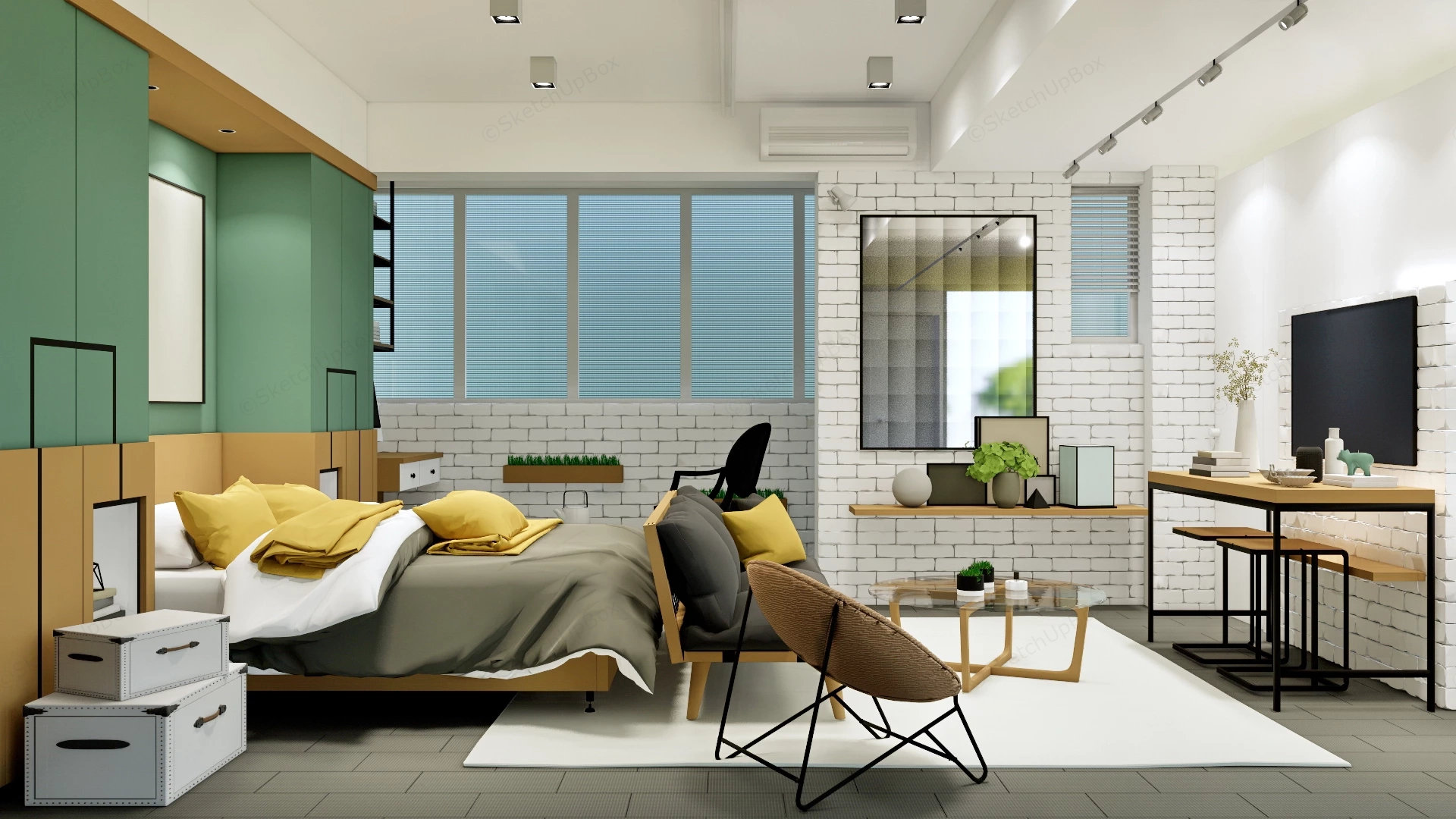 Modern Industrial Bedroom Design sketchup model preview - SketchupBox