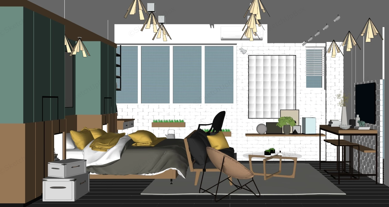 Modern Industrial Bedroom Design sketchup model preview - SketchupBox