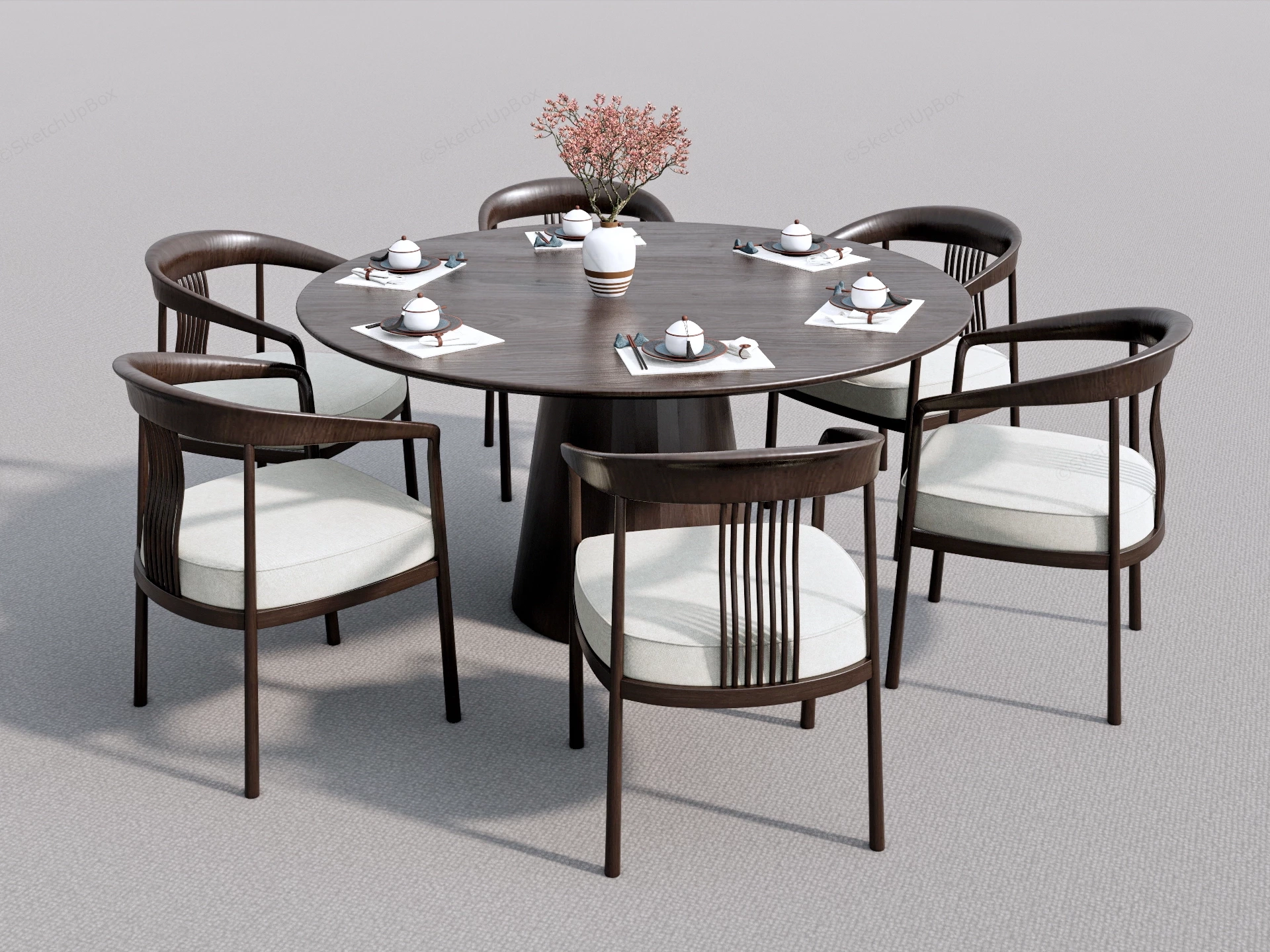 Round Wood Dining Table Set sketchup model preview - SketchupBox