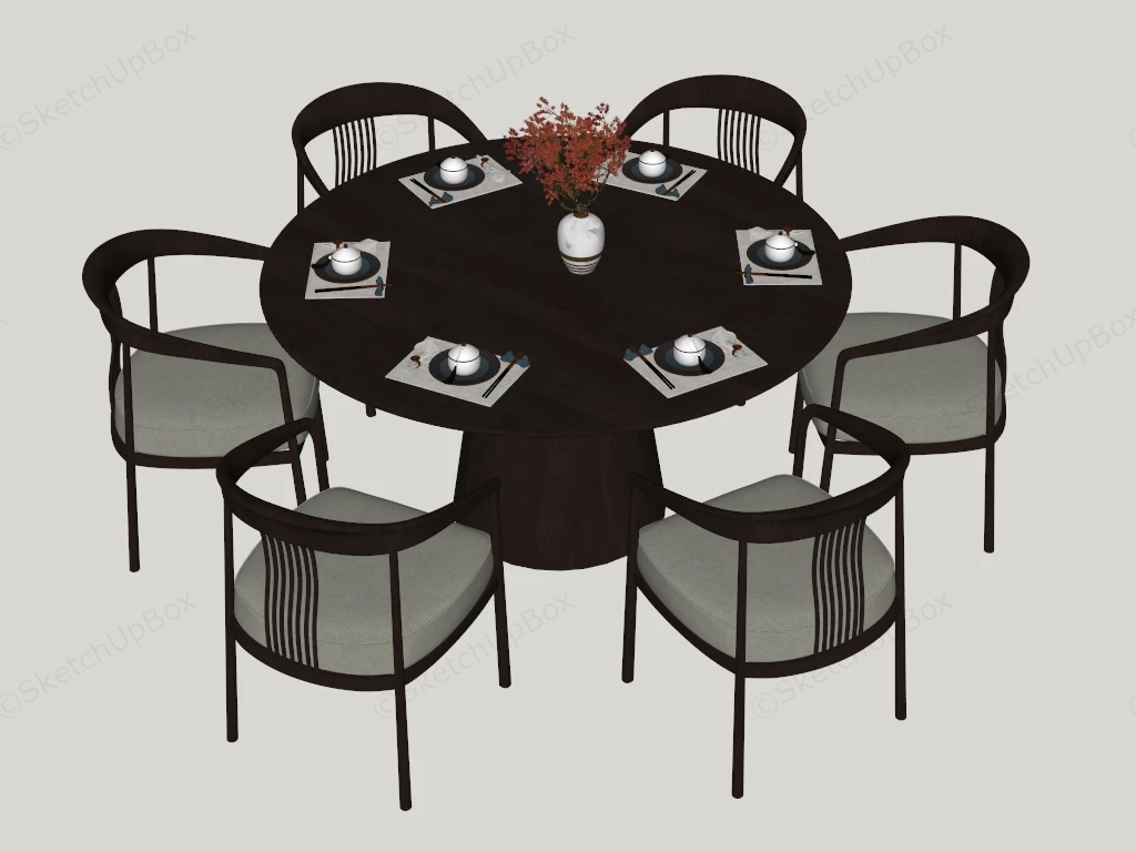 Round Wood Dining Table Set sketchup model preview - SketchupBox