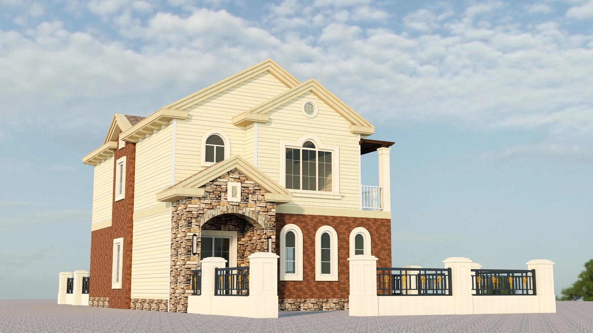 Suburban House With Fence sketchup model preview - SketchupBox