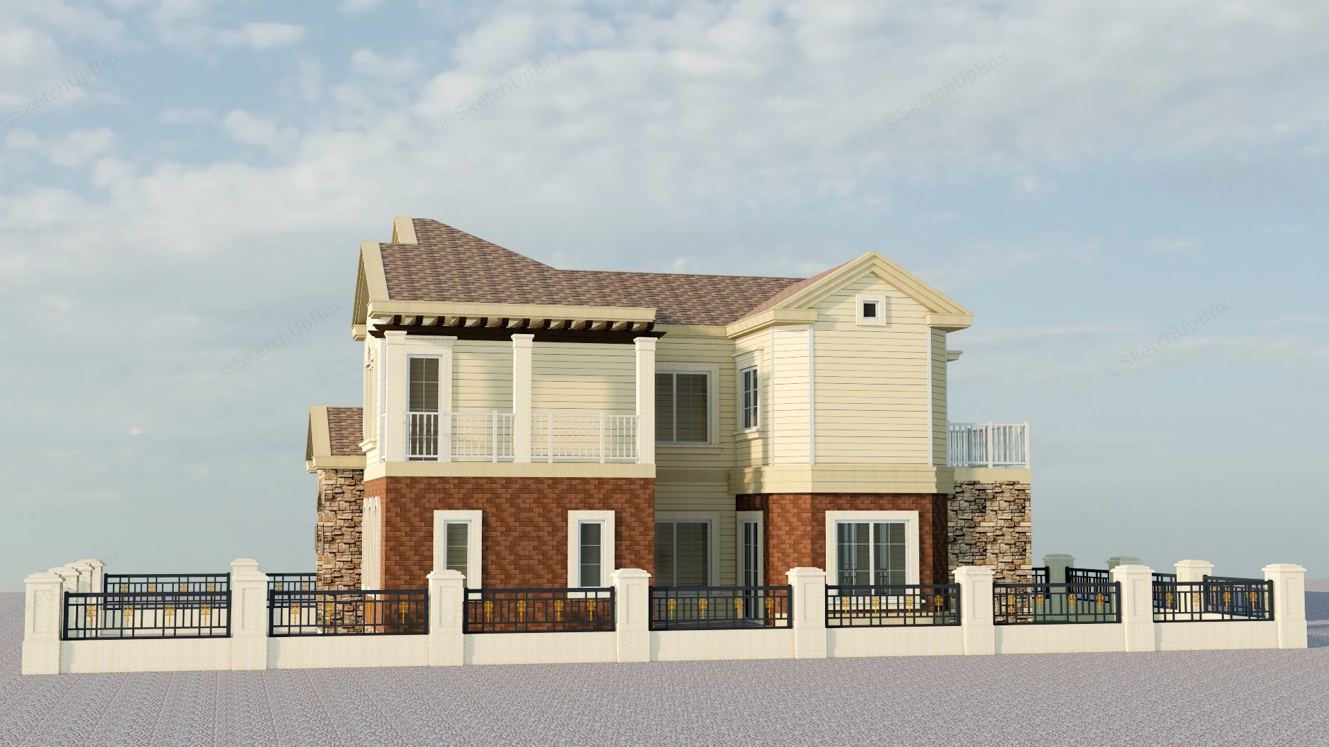 Suburban House With Fence sketchup model preview - SketchupBox