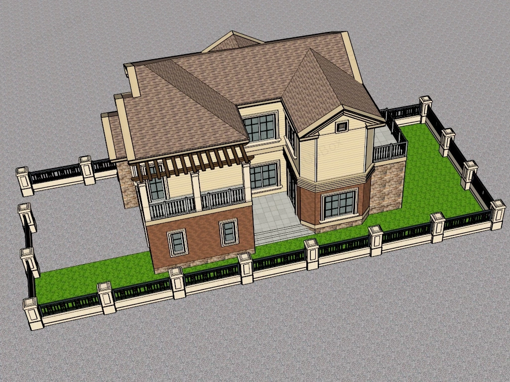 Suburban House With Fence sketchup model preview - SketchupBox