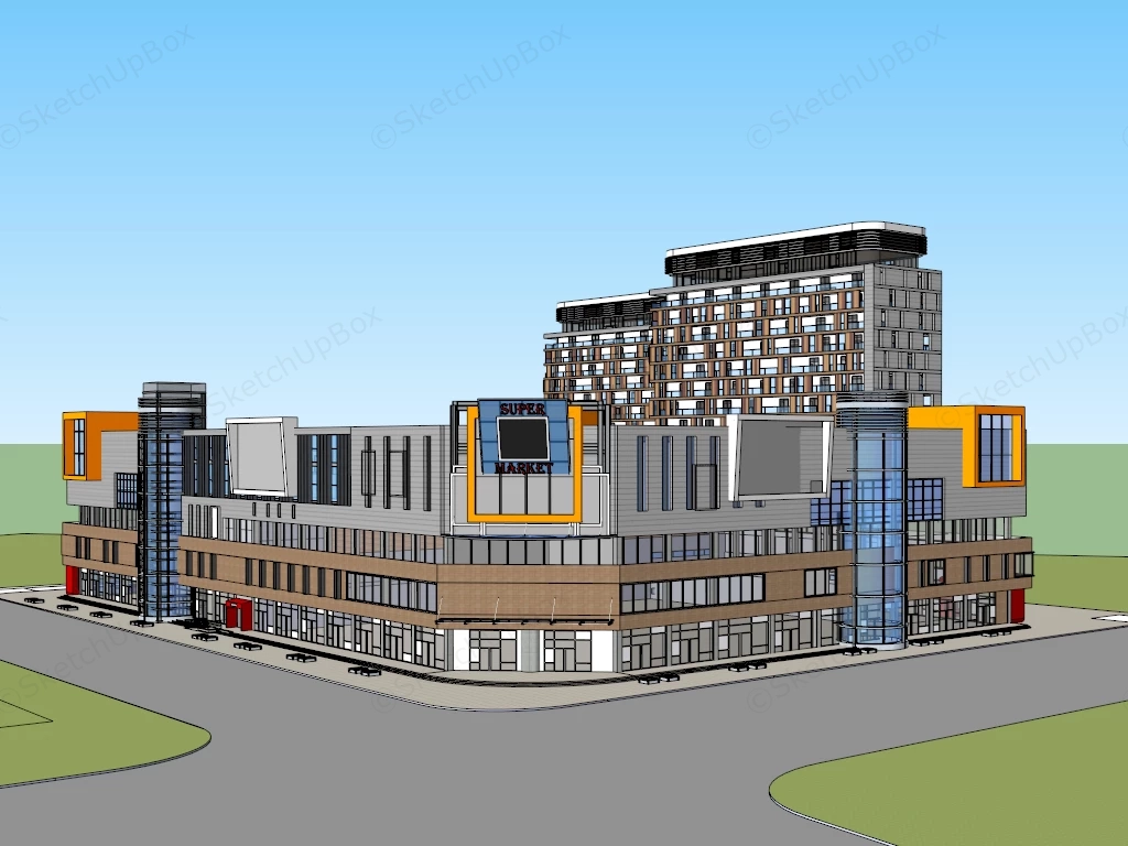 Modern Shopping Center & Apartment Complex sketchup model preview - SketchupBox