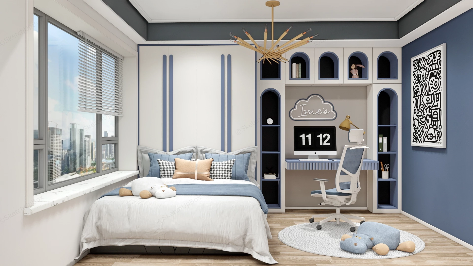 White And Blue Boys Bedroom sketchup model preview - SketchupBox