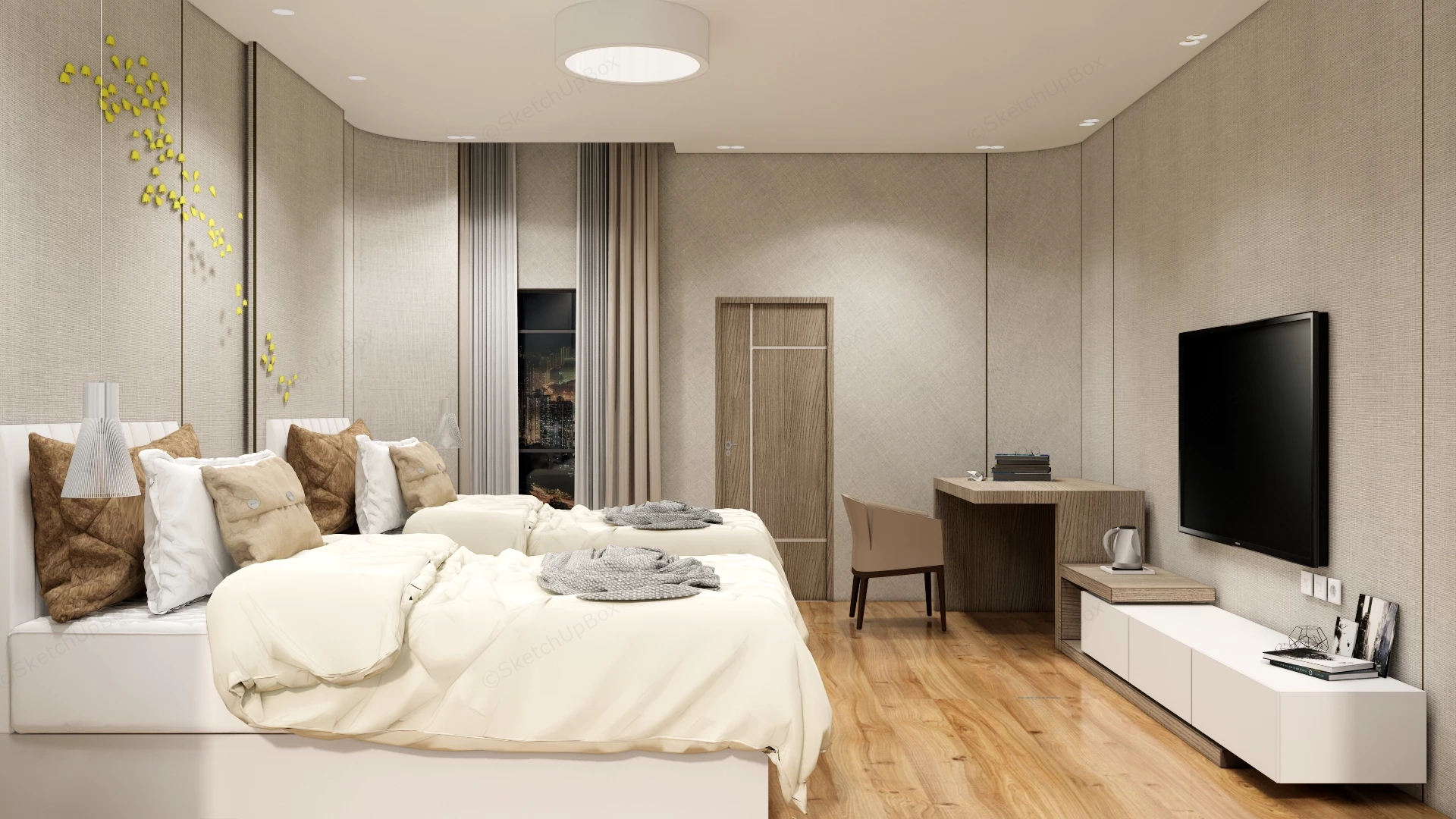 Twin Bed Hotel Room sketchup model preview - SketchupBox