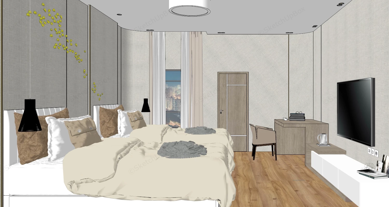 Twin Bed Hotel Room sketchup model preview - SketchupBox