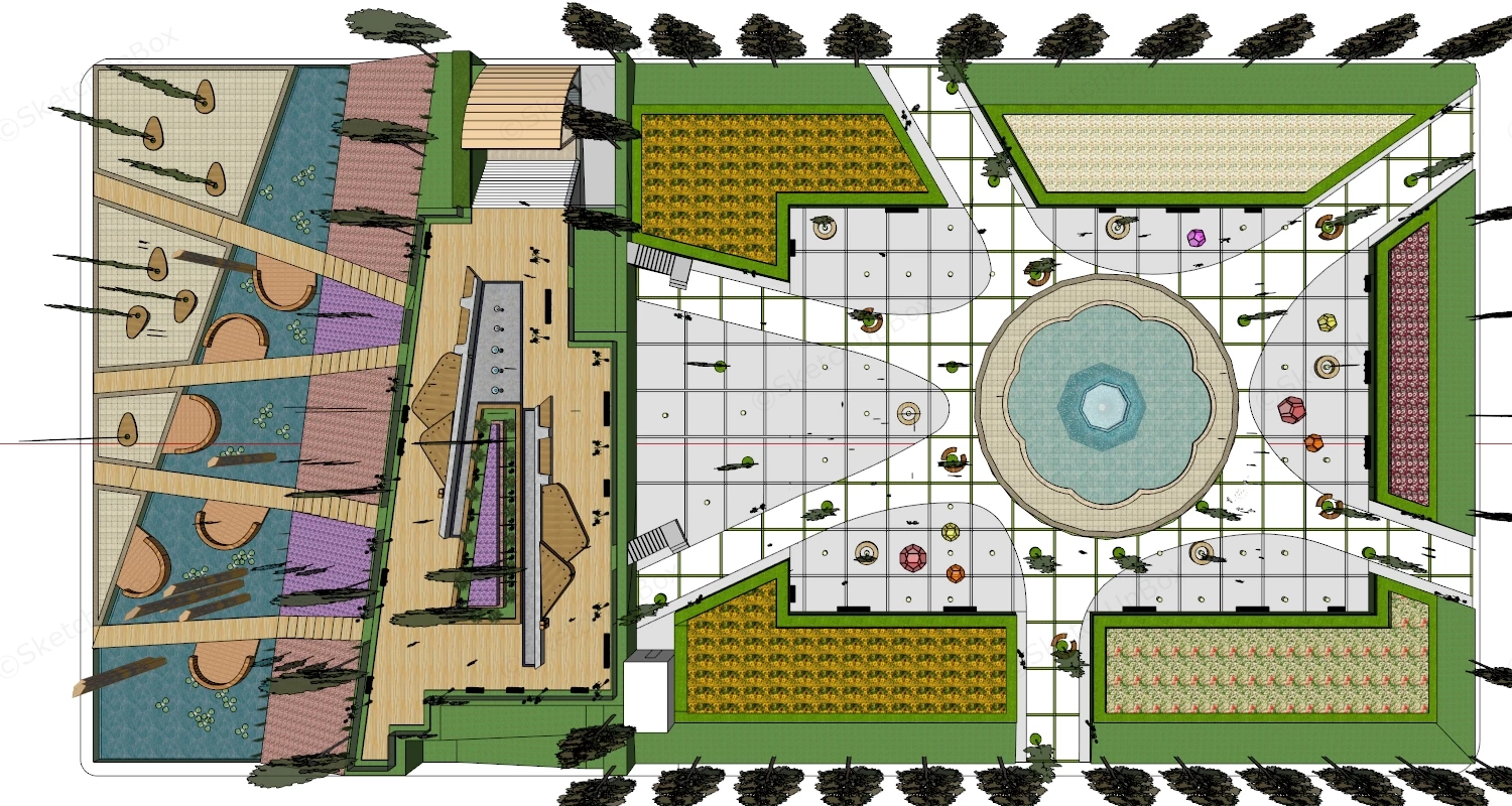 Square Park Design sketchup model preview - SketchupBox