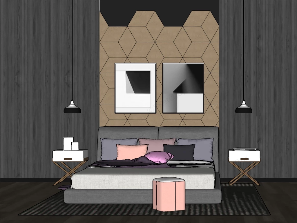 Grey And Brown Bedroom sketchup model preview - SketchupBox