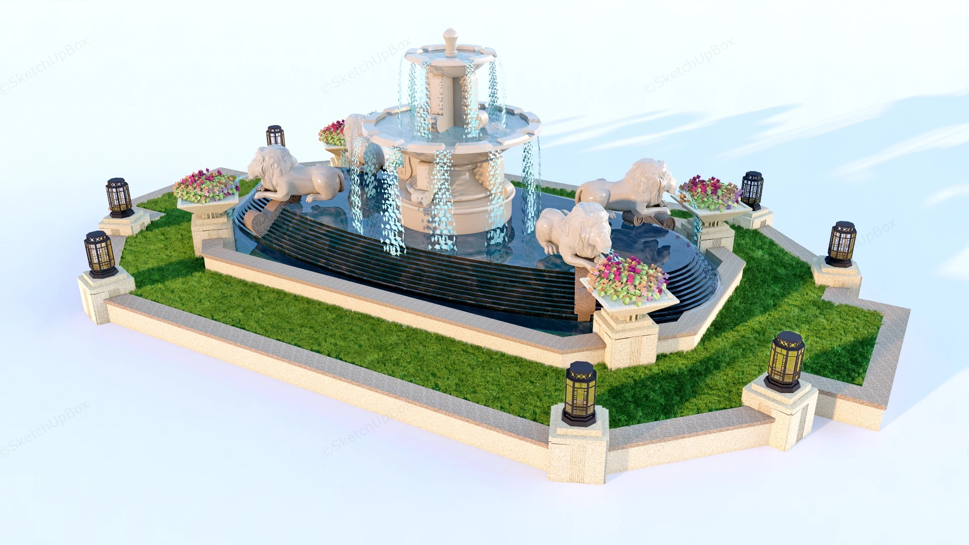 Large Lion Fountain sketchup model preview - SketchupBox
