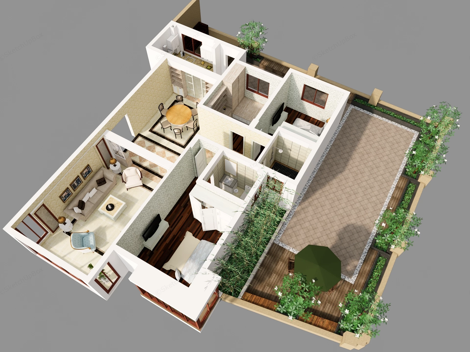 2 Bedroom Apartment House Plan sketchup model preview - SketchupBox