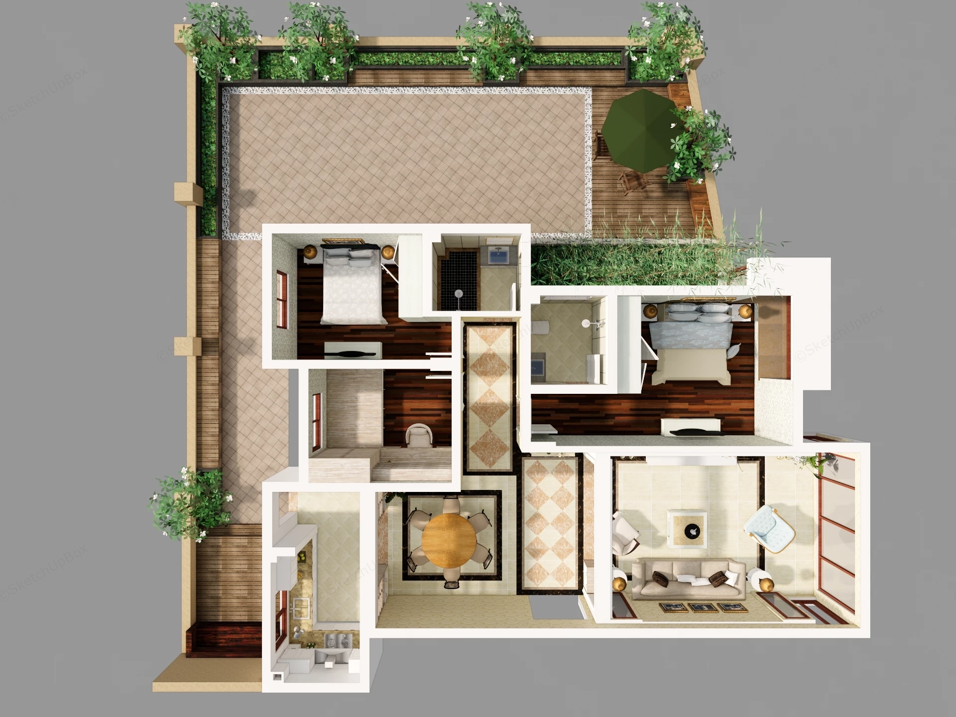 2 Bedroom Apartment House Plan sketchup model preview - SketchupBox