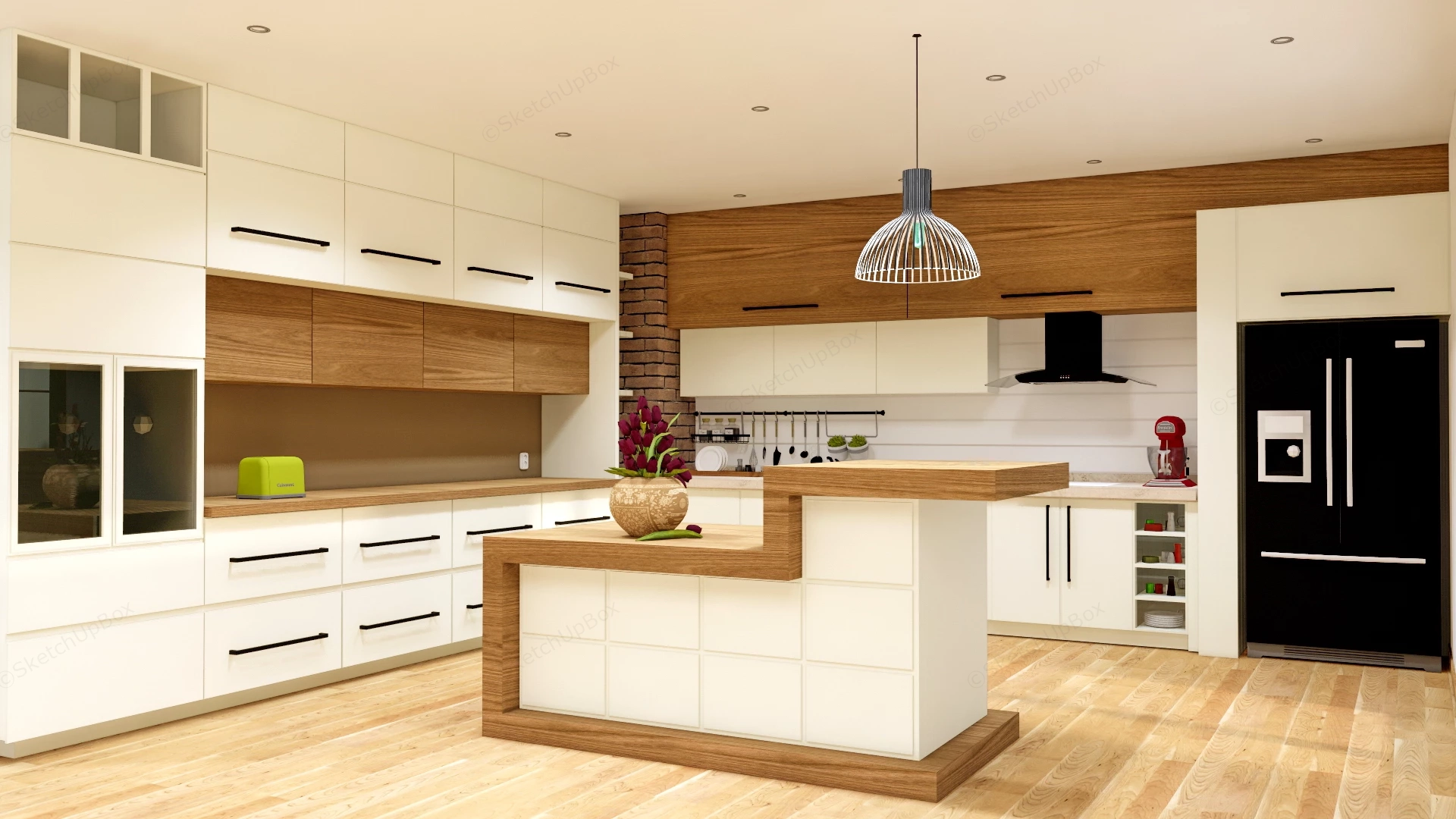 White And Wood Kitchen With Island sketchup model preview - SketchupBox