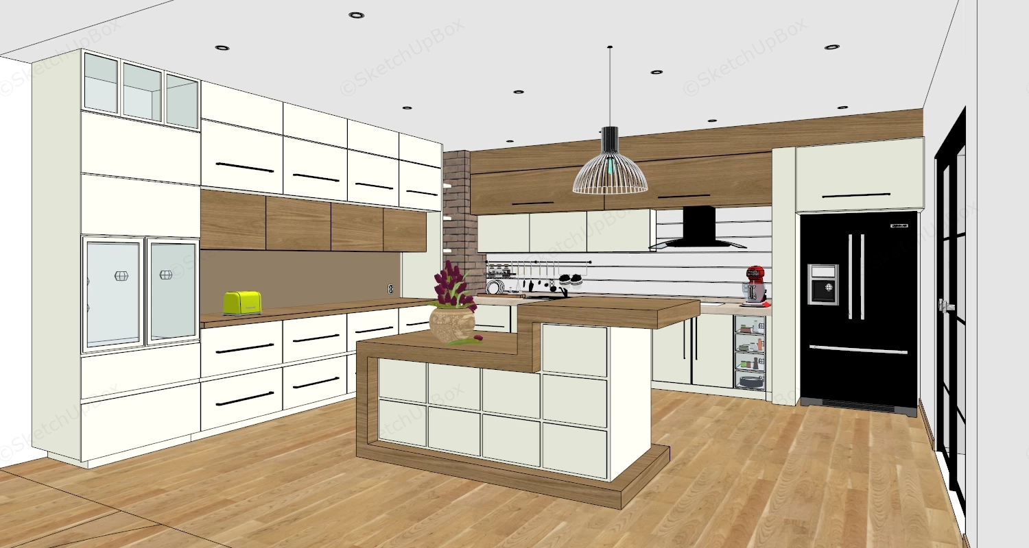 White And Wood Kitchen With Island sketchup model preview - SketchupBox