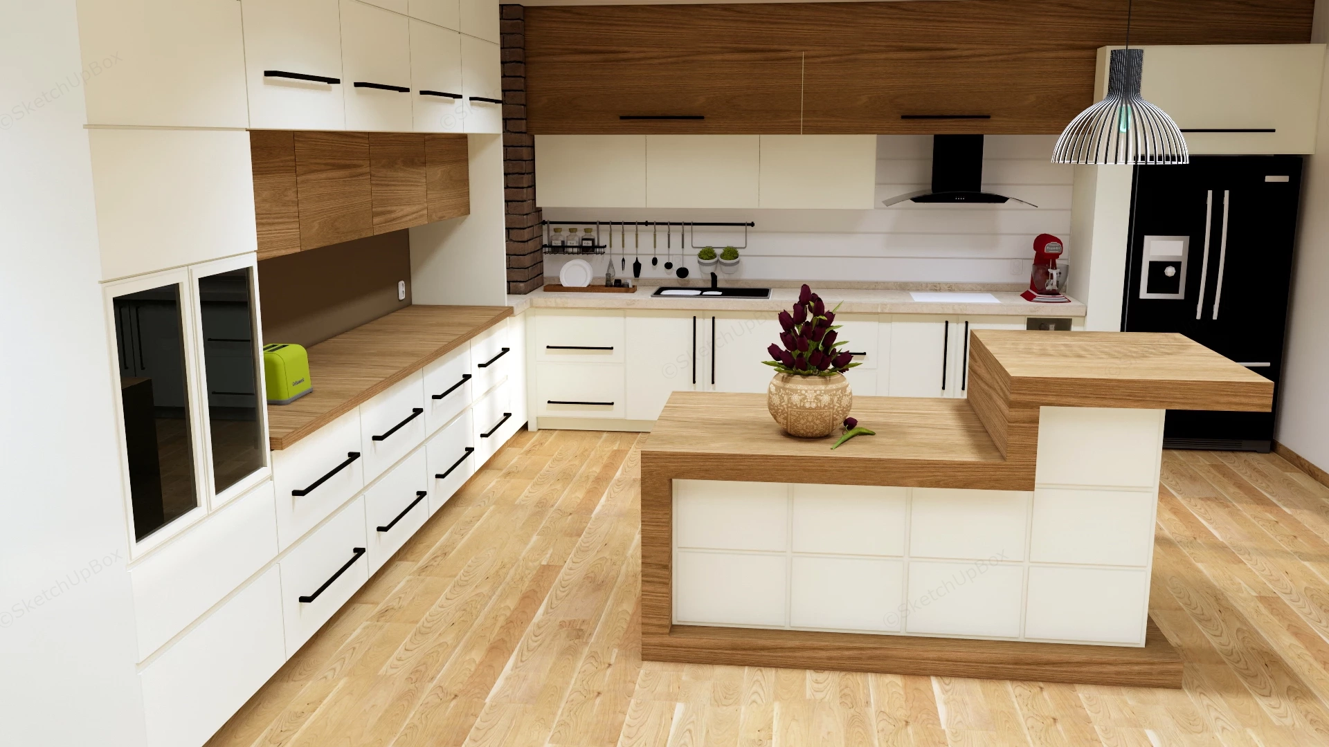 White And Wood Kitchen With Island sketchup model preview - SketchupBox