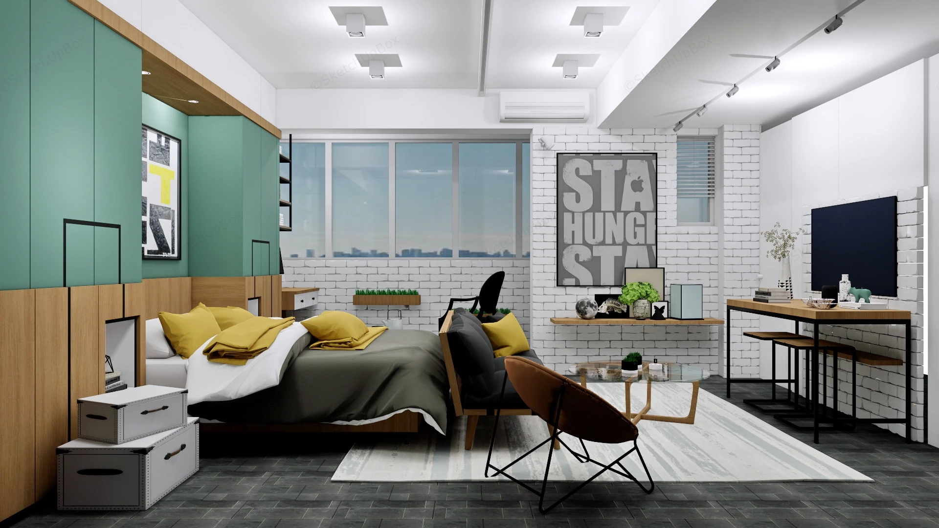 Scandinavian Industrial Style Bedroom sketchup model preview - SketchupBox