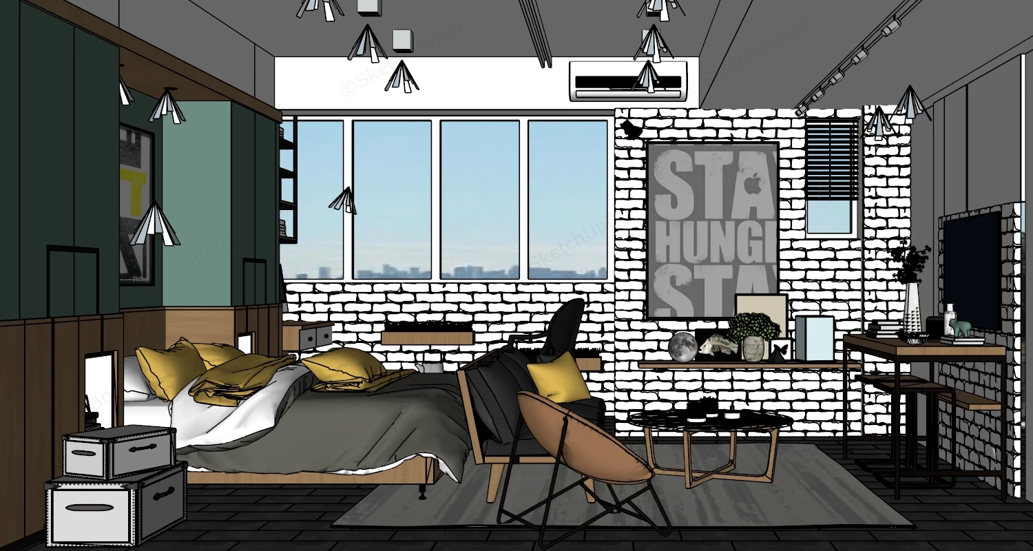 Scandinavian Industrial Style Bedroom sketchup model preview - SketchupBox