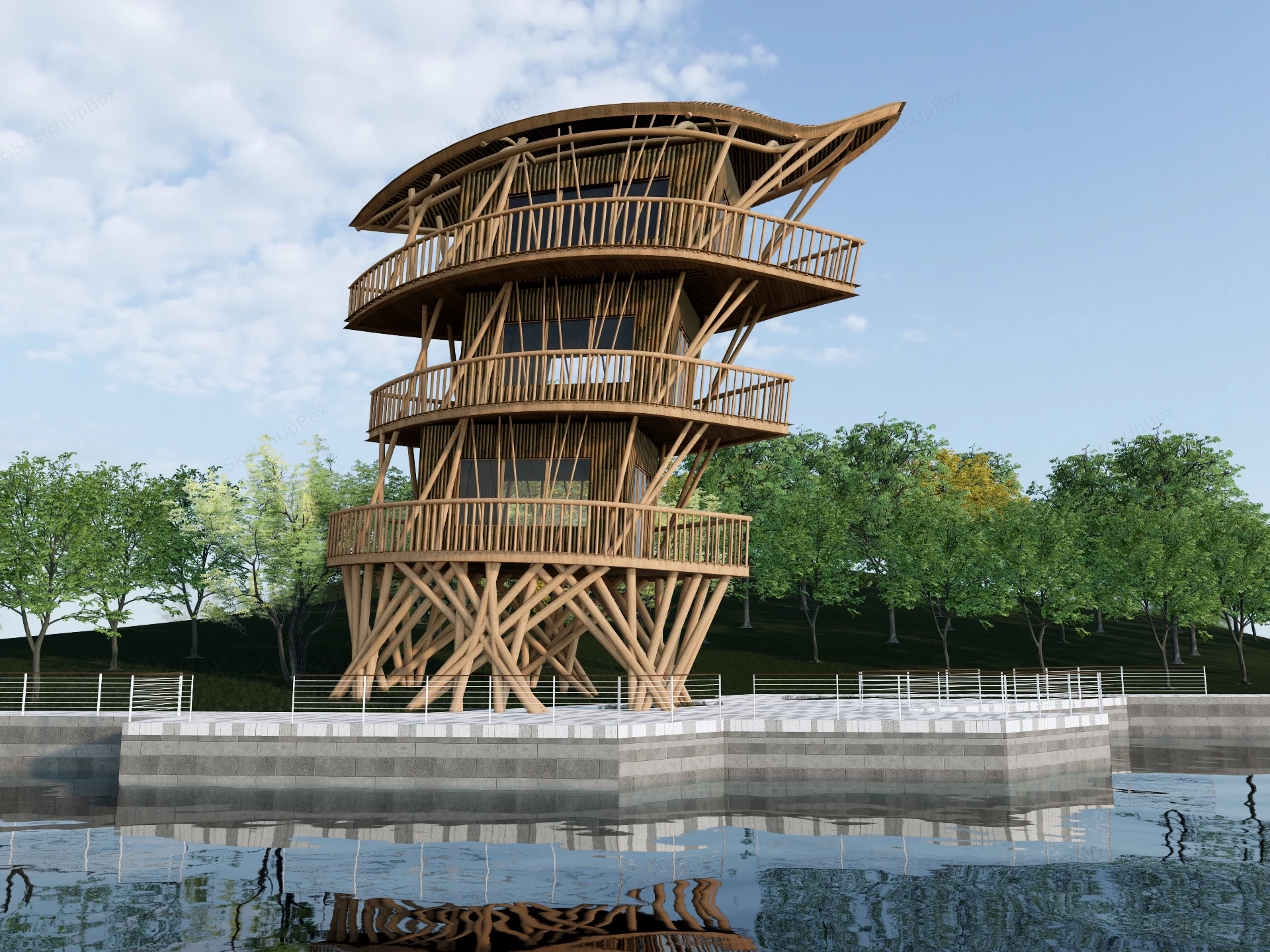 Waterfront Wooden Observation Tower sketchup model preview - SketchupBox