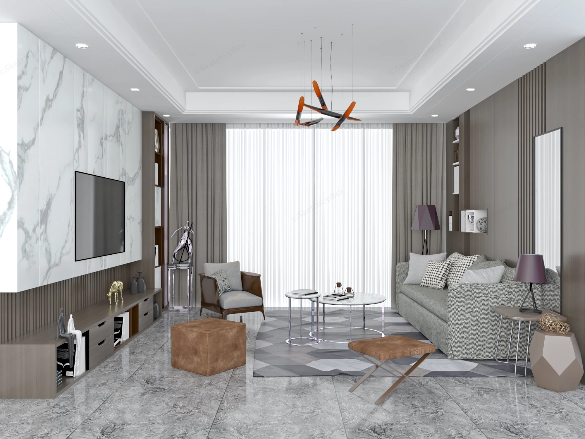 Grey Living Room Interior Design sketchup model preview - SketchupBox