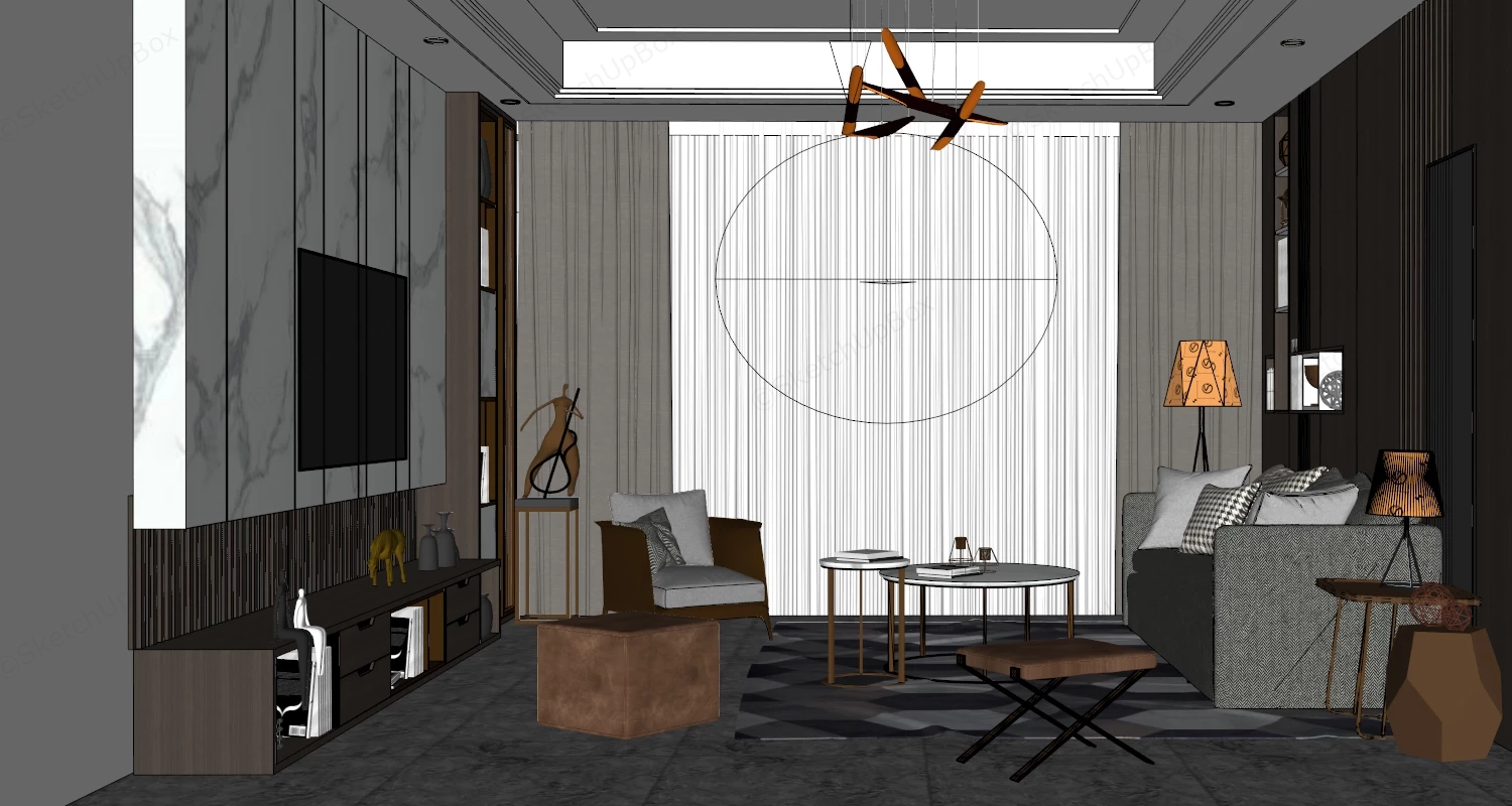 Grey Living Room Interior Design sketchup model preview - SketchupBox